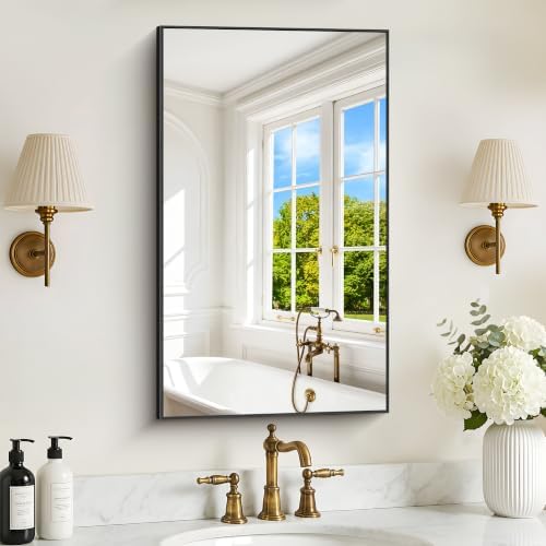 DESBING 18" x 30" Bathroom Mirror, Black Metal Frame Wall Mirror