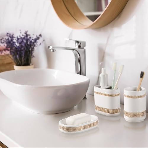 RQYIXI Ceramic Bathroom Accessories Set,White,5 Piece,Rhinestone Design