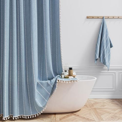BTTN 72x78 Long Boho Farmhouse Linen Heavy Duty Cloth Shower Curtain, Blue