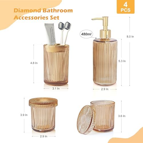 4 Pcs Brown Bathroom Accessories Set, Glass Bathroom Set, Soap Dispenser, Toothbrush Holder, Qtip Holders, Modern Bathroom Decor, Housewarming Gift Set （Amber Brown）