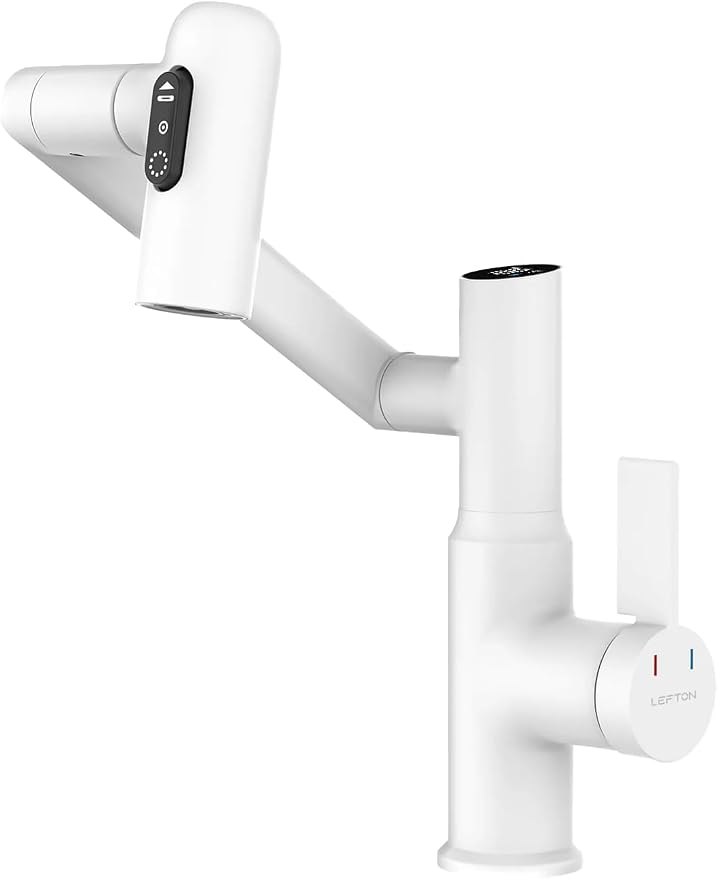 Rotatable Bathroom Faucet with Temperature Display in Fahrenheit (Batteries-Free), 3 Water Outlet Modes, White, BF2204-4