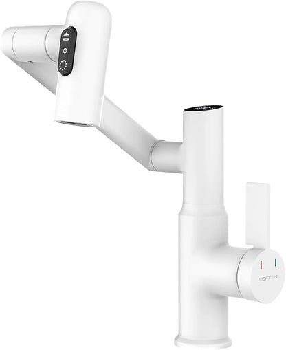 Rotatable Bathroom Faucet with Temperature Display in Fahrenheit (Batteries-Free), 3 Water Outlet Modes, White, BF2204-4