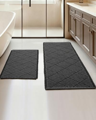 Waffle Bath Mat Set, Non Slip Bathroom Rugs 2 Piece, Gray & Dark Gray
