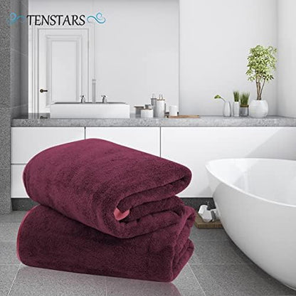 TENSTARS Silk Hemming Bath Towels for Bathroom Clearance - 27 x 55 inches - Light Thin Quick Drying - Soft Microfiber Absorbent Towel for Bath Fitness, Sports, Yoga, Travel, Gym - 2 Pack, Burgundy