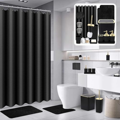 XLHOMO Bathroom Set with Shower Curtain and Rugs- 25PC Bathroom Accessory Set, Black Shower Curtain Set, Toilet Brush, Trash Can, Qtip Holder & Soap Dispenser