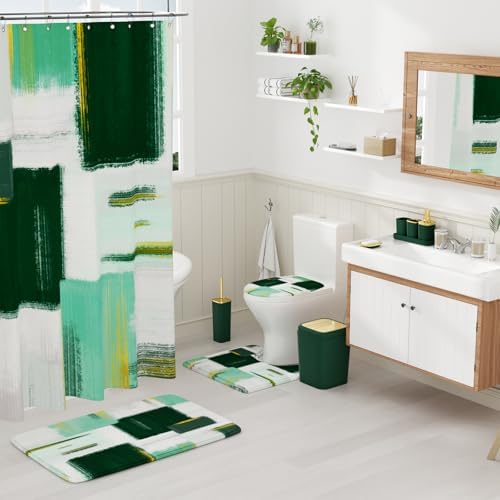 XLHOMO Bathroom Accessories Set - 25PC Bathroom Set with Shower Curtain and Rugs, Green Bathroom Set, Bathroom Accessory Set with Press-on Lid Trash Can, Soap Dispenser and Qtip Holders