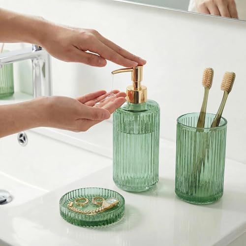 New Hensoar 3 Pcs Green Bathroom Accessories Set, Glass Bathroom Set