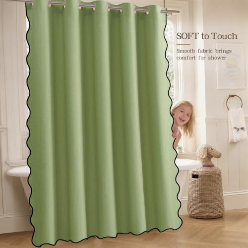 Furlinic Scalloped Linen Shower Curtain No Hook Sage Green Extra Long 72x84