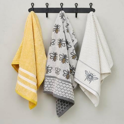 SKL Home Honey Bee Hand Towel Set-2pc, 100% Cotton Jacquard, White/Gray