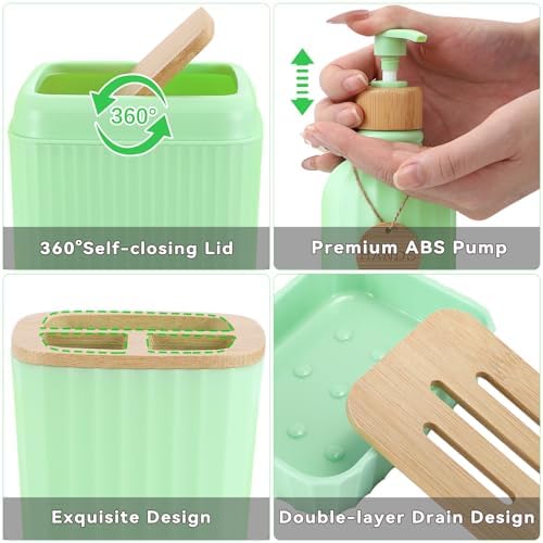 32PCS Green Bathroom Accessories Set with Shower Curtain,Rugs,Trash Can,3PCS Lotion Soap Dispenser, Toothbrush Holder, Soap Dish,Tumbler Cup,6PCS Wood Tags Bath Accessories with Tray for Bathroom