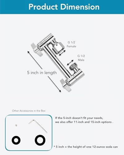 5 Inch Adjustable Shower Head Extension Arm, With Locking Set Screw, Singing Rain 304 Stainless Steel Chrome Angle Height Adjustable, Easy Install, G1/2 Universal Connector Compatible (Chrome Finish)