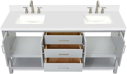 ARIEL Hutton 72-inch Bathroom Vanity with Sink,Solid Wood, 1.5-inch Pure White Quartz Countertop & Backsplash, Double Rectangular Porcelain Sink, 4 Soft Closing Doors, 3 Dovetail Drawers, Grey