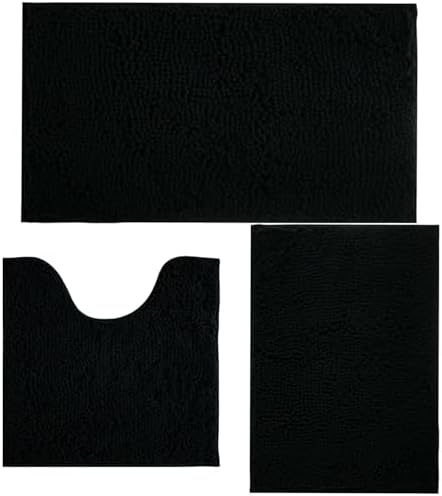 Bathroom Rugs Sets 3 Piece Non Slip,Bath Rugs with PVC Backing Bath Carpet,Bathroom Rug Washable,Absorbent,Plush Carpet Mats,Bath Mats for Bedroom, Kitchen,Tub,Home Decor (Black)