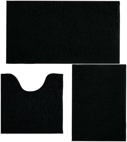 Bathroom Rugs Sets 3 Piece Non Slip,Bath Rugs with PVC Backing Bath Carpet,Bathroom Rug Washable,Absorbent,Plush Carpet Mats,Bath Mats for Bedroom, Kitchen,Tub,Home Decor (Black)
