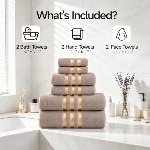 6-PCS Coral Fleece Microfiber Towel Set with Gold Stripes, Super Absorbent, Multiple Colors Available for Home, Bathroom, Hotel & Gym (6, Coffee Color)