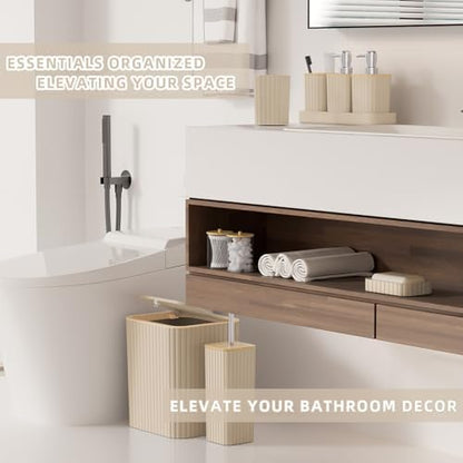 XLHOMO Bathroom Accessories Set - Elegant Beige Bathroom Set, 10PC Bathroom Accessory Set, Toilet Brush, Bathroom Trash Can