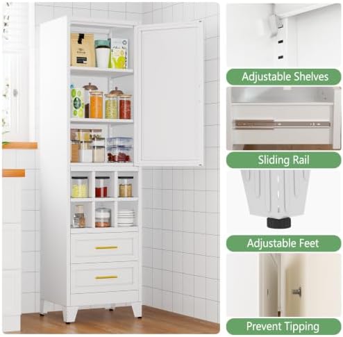 Ckzbx Tall Narrow Storage Cabinet, 66.93" H Tall Bathroom Cabinet Metal Pantry Cabinets with Hollowed-Out, 3 Adjustable Shelves, for Kitchen, Bathroom, Home Office, Living Room (White)