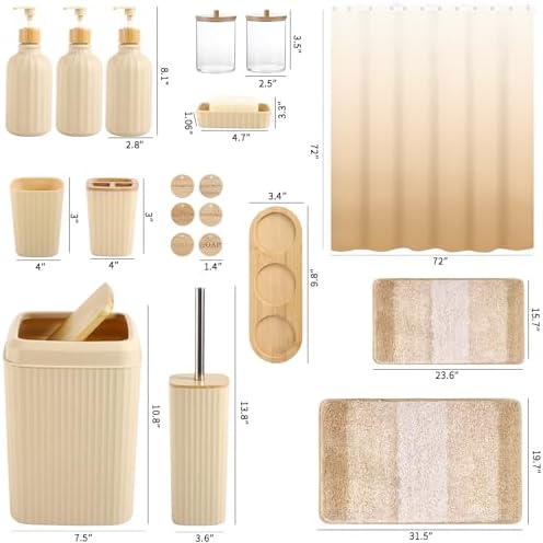 32PCS Bathroom Sets with Shower Curtain and Rugs Beige Bathroom Accessories Set Shower Curtain Set 3PCS Lotion Soap Dispenser Bathroom Accessories with Black Bathroom Decor