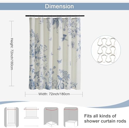 ORTIGIA Linen Shower Curtain Farmhouse Vintage Blue Birds Floral Shower Curtains Spring Summer Boho Rustic Cottagecore Decor for Bathroom 72 W x 72 L