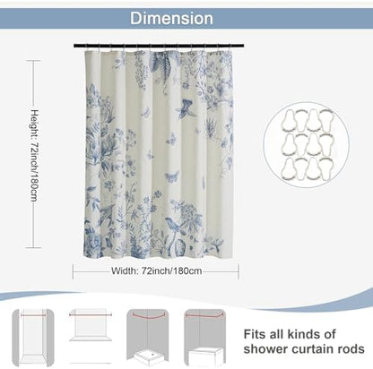 ORTIGIA Linen Shower Curtain Farmhouse Vintage Blue Birds Floral Shower Curtains Spring Summer Boho Rustic Cottagecore Decor for Bathroom 72 W x 72 L