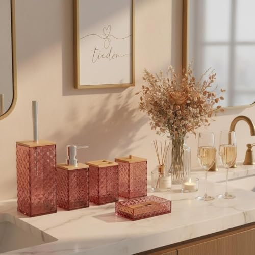 Red Bathroom Accessory Set, 6 PCS Red Bathroom Accessories Set,Soap Dispenser, Toothbrush Holder, Soap Dish, Mouthwash Cup, Cotton Swab Holder and Toilet Brush, Acrylic