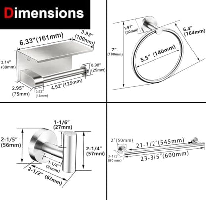 5 Pieces Brushed Nickel Bathroom Hardware Accessories Set, SUS304 Stainless Steel 24 Inch Bath Towel Bar Set, Round Bathroom Towel Holder Set, Towel Racks for Bathroom Wall Mounted