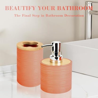 2PCS Orange Bathroom Set, Soap Dispenser, Dish & Bamboo Holder, Rustic