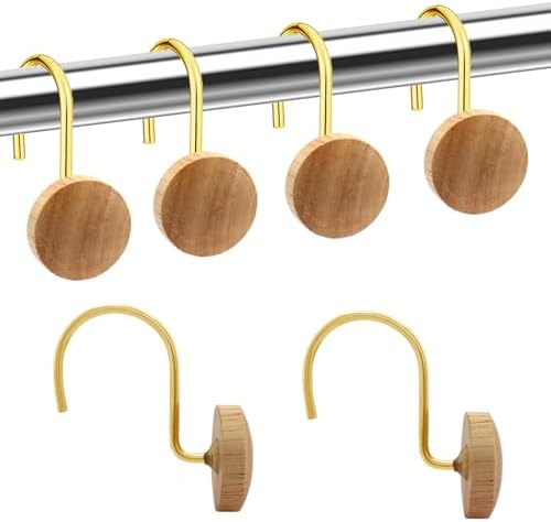 Shower Curtain Hooks, Wood Decorative Shower Curtain Rings, Modern Round Log Shower Curtain Hangers, 12PCS Shower Hooks for Shower Curtain Rod, Bedroom, Living Room (Gold 2)