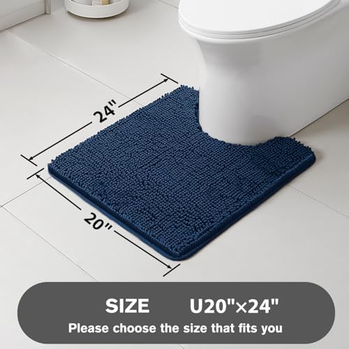 Navy Blue Toilet Rug U Shaped – Absorbent and Washable Contour Bathroom Rugs for Toilet, Non-Slip, Thick Soft Chenille Contoured Bath Mat - 20" x 24"
