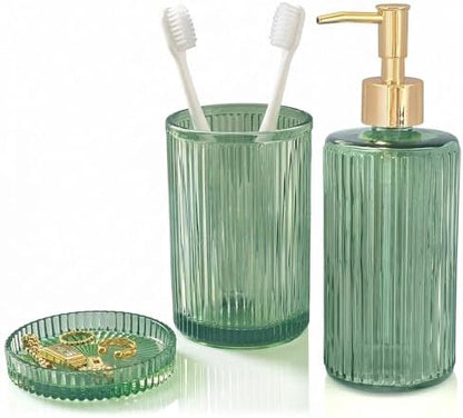 New Hensoar 3 Pcs Green Bathroom Accessories Set, Glass Bathroom Set
