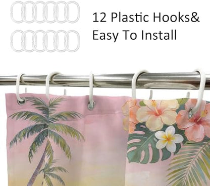 Ocean Coastal Pink Floral Palm Leaves Flower Bathroom Shower Curtain Set