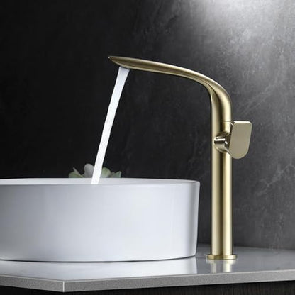 High-Arc 360° Rotating Bathroom Faucet, Single Handle Mixer Tap, Hot & Cold Water, Brushed Gold Finish, One Hole Sink Basin Mixer, Kitchen & Bath Use