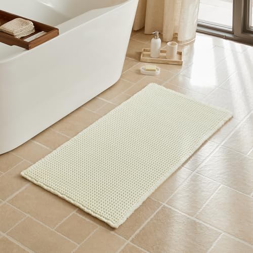 Triohero Cream White Waffle Bath Mat, Boho Bathroom Rugs Non Slip, 24x48
