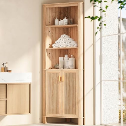 INNOD 69" Tall Corner Shelf with Doors, 6-Tier Corner Storage Cabinet with Doors, Space Saver Shelf for Bathroom, Bathroom Floor Cabinet for Living Room Kitchen, Hallway