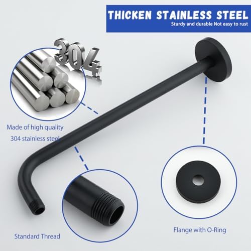 Stainless Steel Shower Head Extension Arm Wall Mounted Rainfall Shower Tube Bathroom Hardwares Accessories 16 Inch Matte Black,SW-RD91018-16MB.