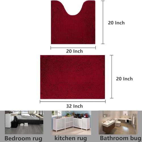 Bathroom Rugs Sets 2 Piece Chenille Bathroom Rugs,Extra Thick and Absorbent,Strong PVC Non-Slip Underside, Machine Washable, Dry Quckily, Soft Cozy Plush for Bedroom, (Burgundy)