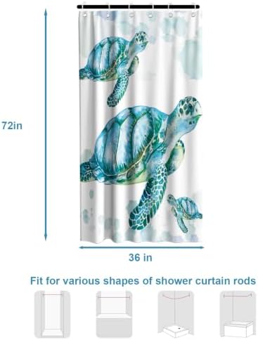 Ocean Beach Nautical Sea Turtle Shower Curtain, Coastal Tropical Shower Curtains for Bathroom Decor and Accessories, Waterproof Shower Curtain Set with Hooks, Machine Washable Fabric 36 x 72 inch Teal