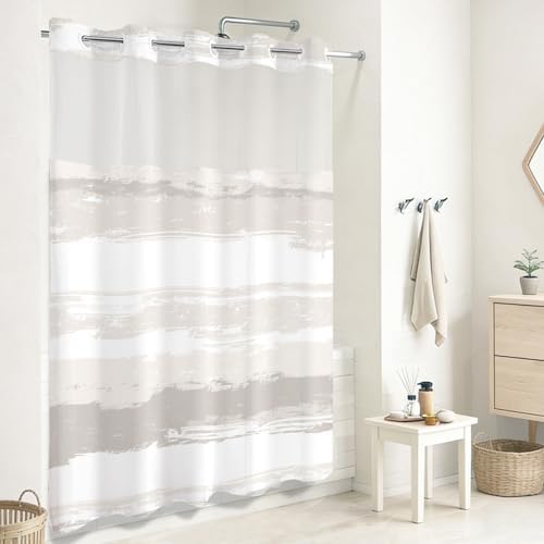 No Hook Shower Curtain with Liner, Creme Stripe, 71x74 Inch