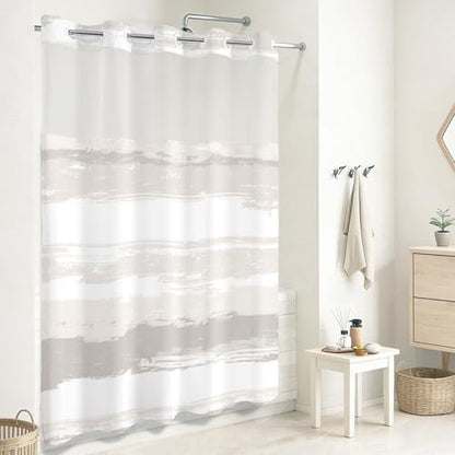 No Hook Shower Curtain with Liner, Creme Stripe, 71x74 Inch