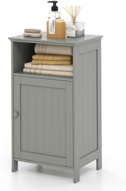 LDAILY Bathroom Cabinet, Freestanding Small Cabinet with Door, 3-Position Adjustable and Removable Shelf, Anti-Tipping Device, Wooden Floor Organizer for Bathroom, Kitchen, Office (Gray)