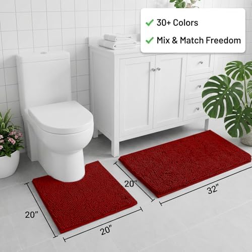 Bathroom Rugs Sets 2 Piece,Super Absorbent Chenille Bath Mats and U-Shaped Toilet Rug,Strong PVC Non Slip Backing,Microfiber Washable Dry Quickly Bath Mats for Bathroom(20"x32"+20"x20"U,Dark Red)