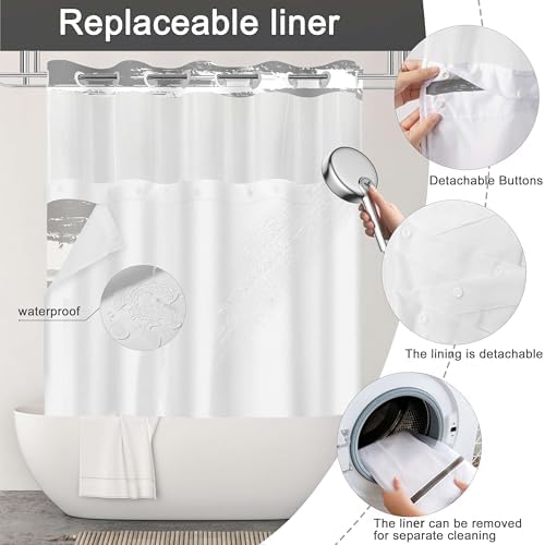 No Hook Shower Curtain with Liner, Black Stripe, 71x74 Inch