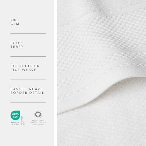 Texere 100% Organic Cotton Rice Weave Jacquard 700 GSM Luxury Bath Towel Sets - Ultra Soft and Absorbent Hotel and Spa Quality (Rice Weave, Bright White, 2 Bath Towels)