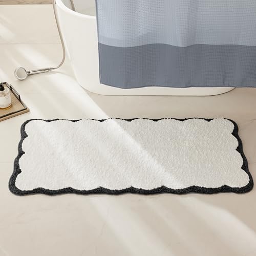 Ohocut Luxury Microfiber Scalloped Runner Rug, Black Scalloped Piping White Long Bathroom Rug Modern Preppy Bath Mat for Bathroom, Tub, Sink, Shower, Anti Slip, Extra Soft, Absorbent, 47x24