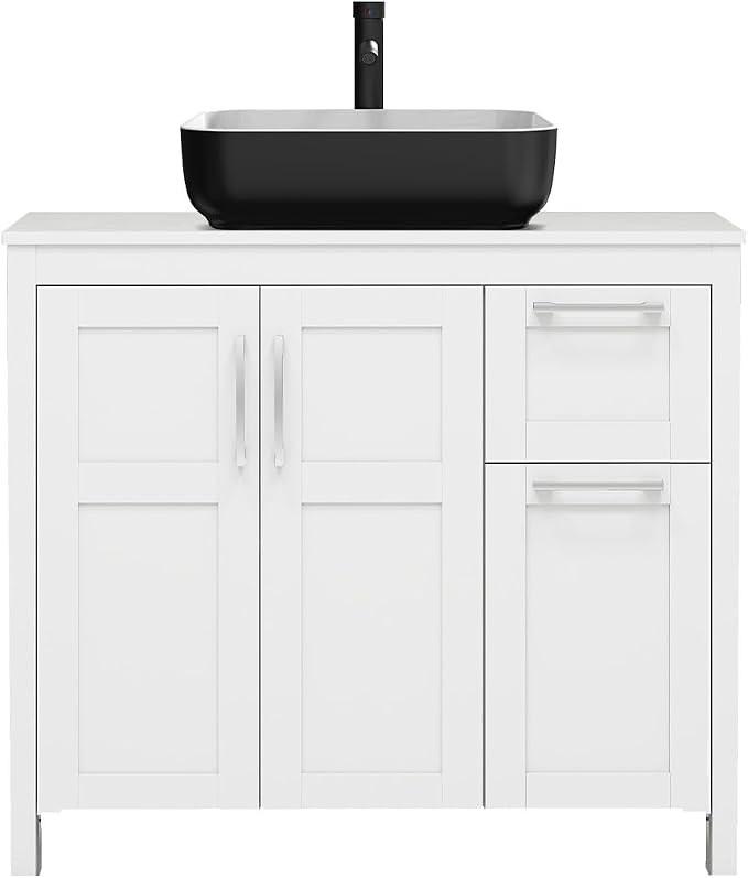 YOURLITE 36" Bathroom Vanity with Sink, White Bathroom Vanity and Sink Combo with Faucet & Pop Up Drain Set,Traditional Vanity with with White & Black Ceramic Sink