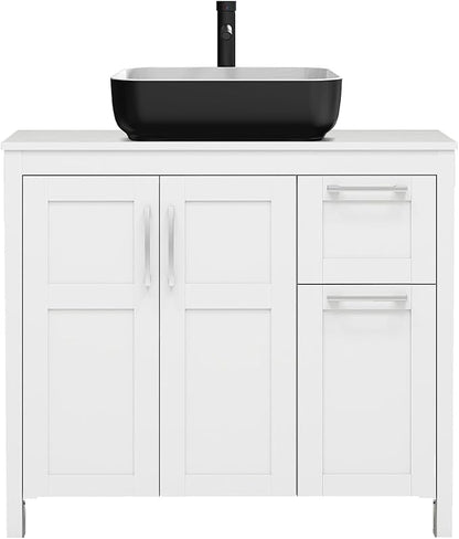 YOURLITE 36" Bathroom Vanity with Sink, White Bathroom Vanity and Sink Combo with Faucet & Pop Up Drain Set,Traditional Vanity with with White & Black Ceramic Sink