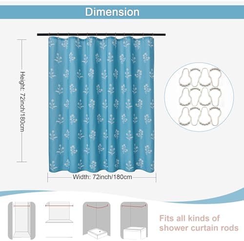 ORTIGIA Blue Linen Shower Curtain Farmhouse Vintage Floral Shower Curtains Navy Boho Rustic Block Print Cottagecore Decor for Bathroom 72 W x 72 L
