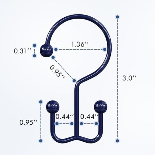 Bathway Shower Curtain Hooks Blue Shower Curtain Rings, 12 Pcs Double Hook Shower Curtain Hooks Rings Shower Curtain Hangers Rust Proof, Metal Shower Hooks for Bathroom Shower Curtain Rod
