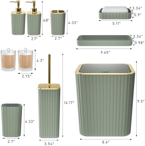 XLHOMO Bathroom Accessories Set - Gorgeous Bathroom Set, 10PC Sage Green Bathroom Accessory Set, Toilet Brush, Trash Can & Soap Dispenser