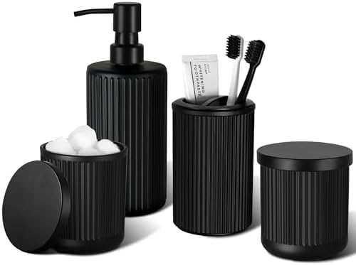 KASUNTING Matte Black Bathroom Accessories Set, 4 Pcs Glass Bathroom Accessory Set, Soap Dispenser, Toothbrush Holder, Qtip Holder Set, Bathroom Sets Complete, Bathroom Sink Set for Modern Home Decor